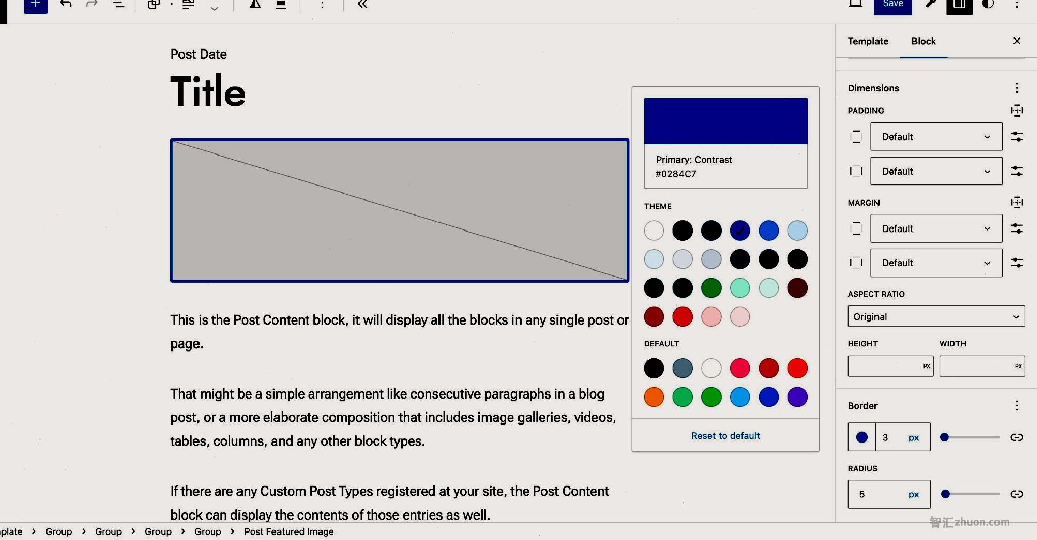 WordPress post editor showing a Post Featured Image block with custom border settings.