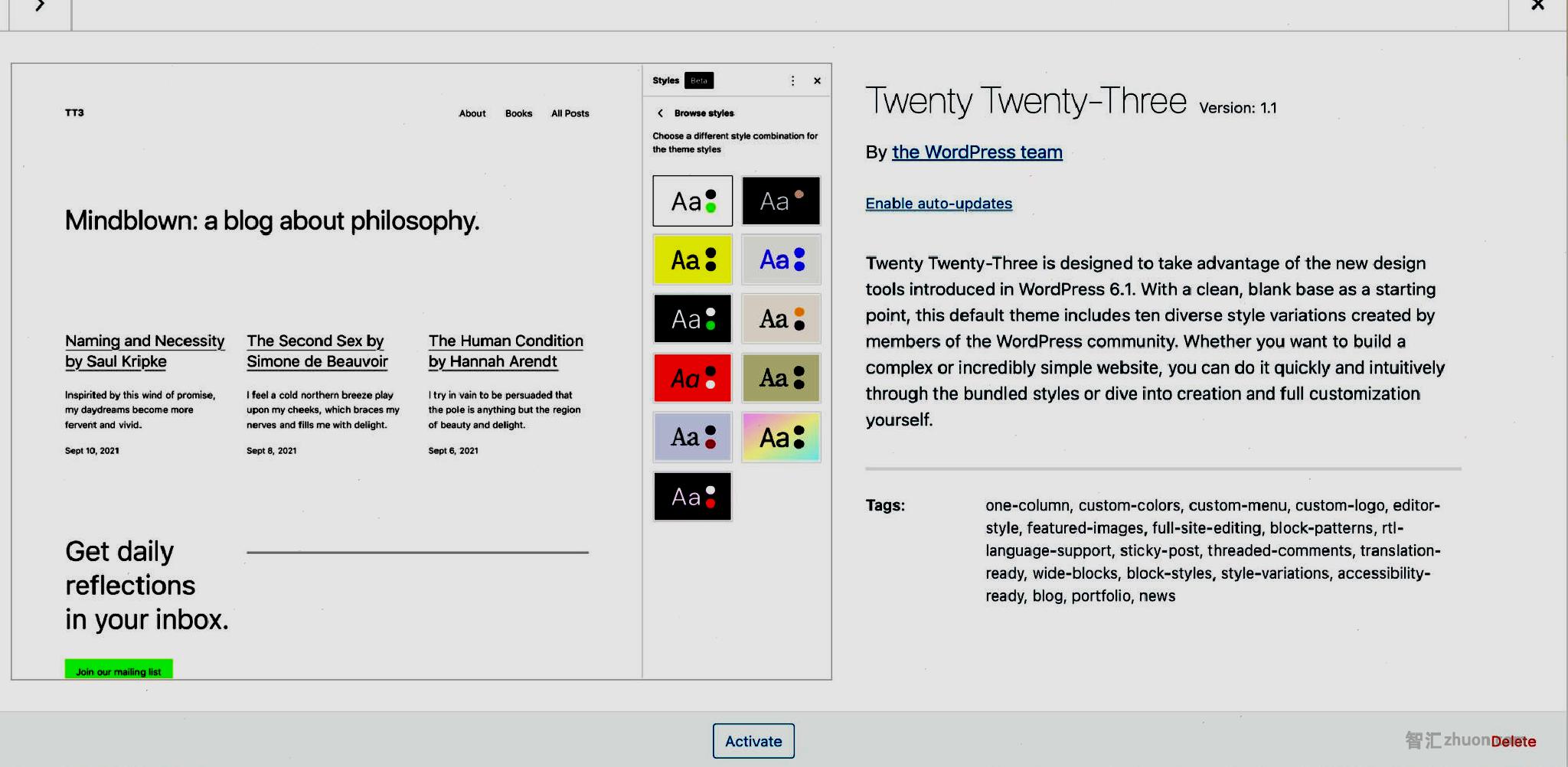 WordPress themes screen with the Twenty Twenty-Three modal overlay over the screen. It shows the theme screenshot, description, and metadata.