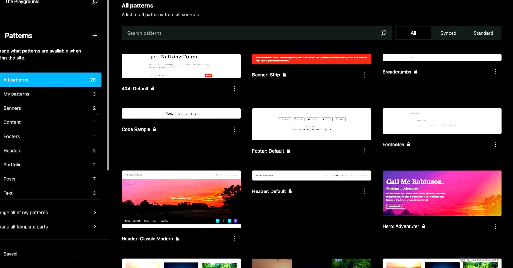 WordPress patterns library in the admin showing the All Patterns screen. On the right, a three-column grid of patterns are shown in preview boxes.