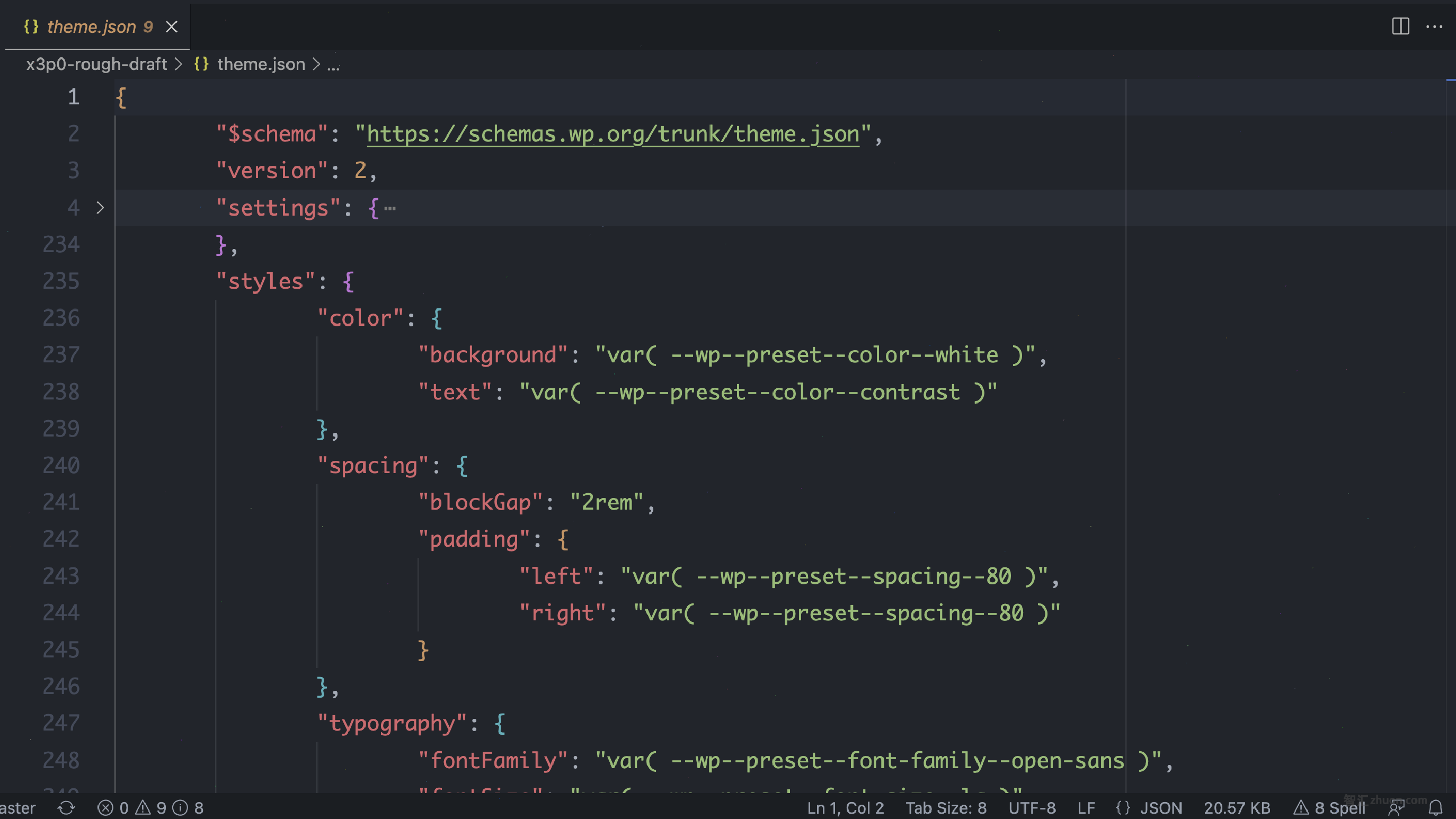 Code editor that shows a theme.json file that is opened to the "styles" section.