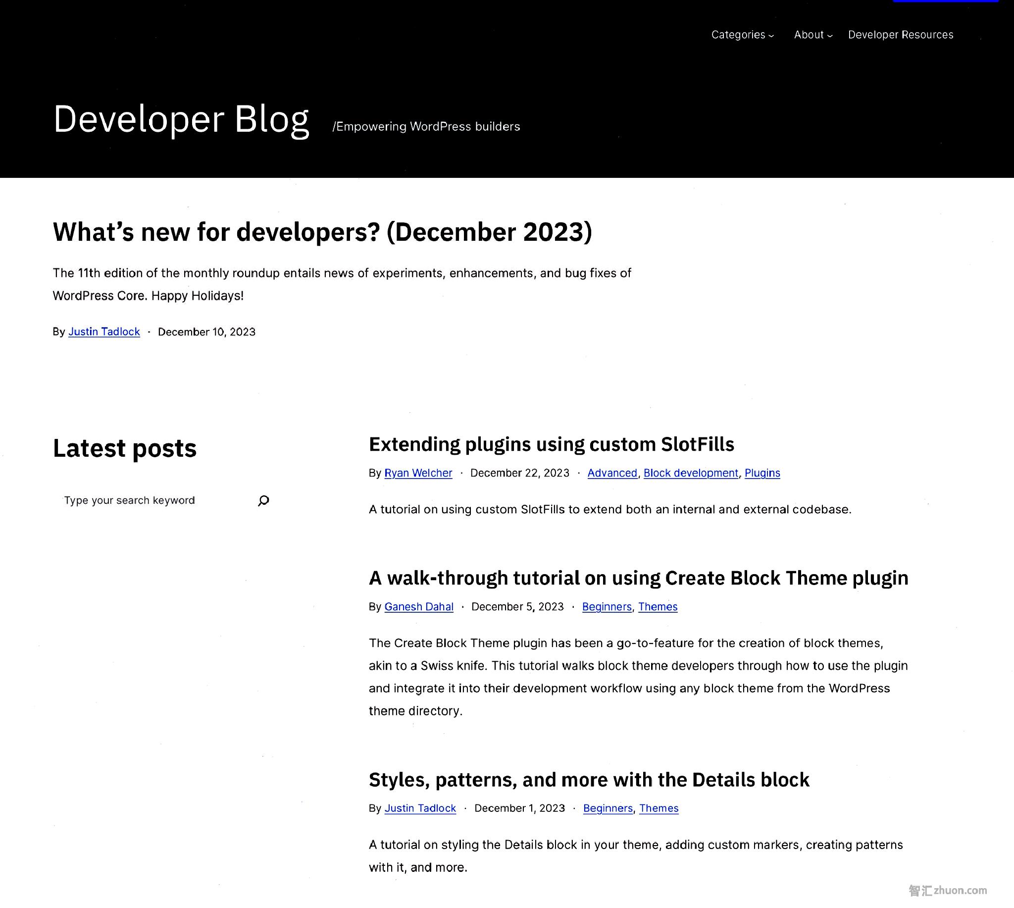 Screenshot of the homepage of the Developer Blog. It features a dark header with light text, followed by a featured post, and a list of latest posts.