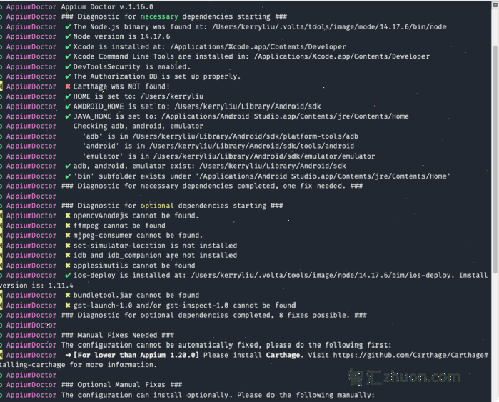 Screenshot of the appium-doctor tool running in the terminal.