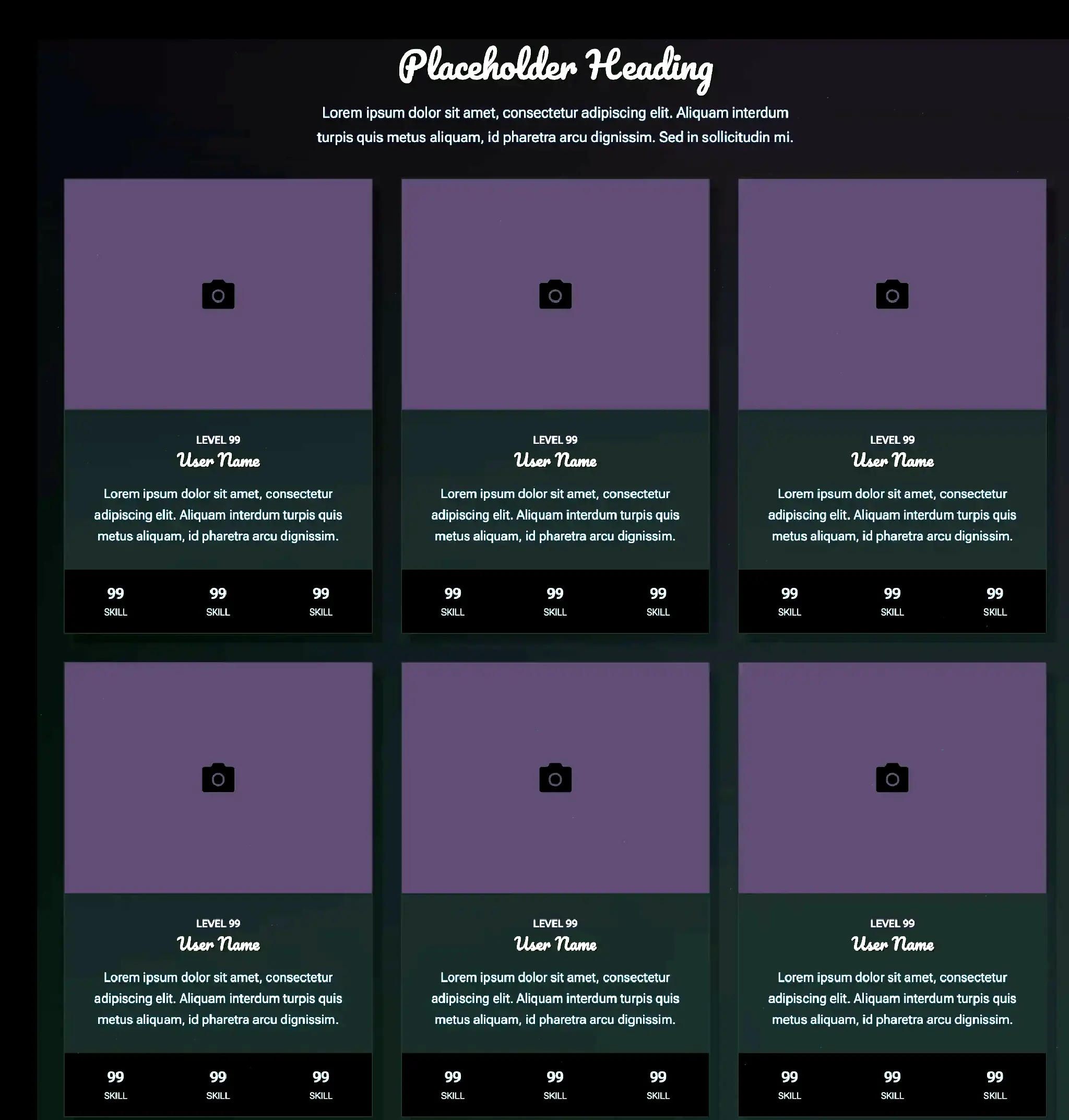 Dark blue and purple color scheme screenshot of a demo layout featuring two rows of three cards showing user profiles.