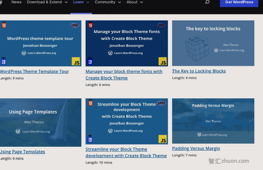 Screenshot of the Learn WordPress website showing a selection of tutorials