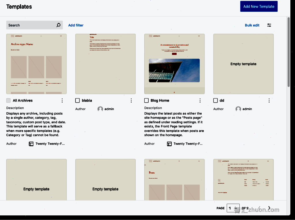 Snapshot of "Site Editor > Templates" section using DataViews component