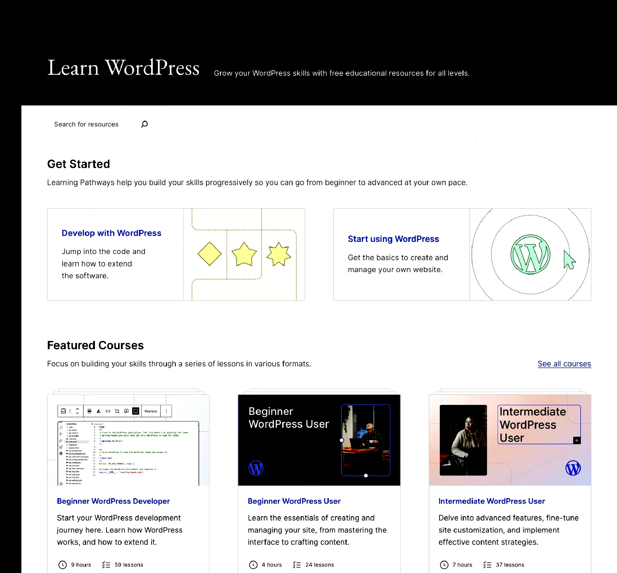 Screenshot of the Learn WP homepage. It features two sections titled Getting Started and Featured Courses for guiding readers to various sub-sections in the site.